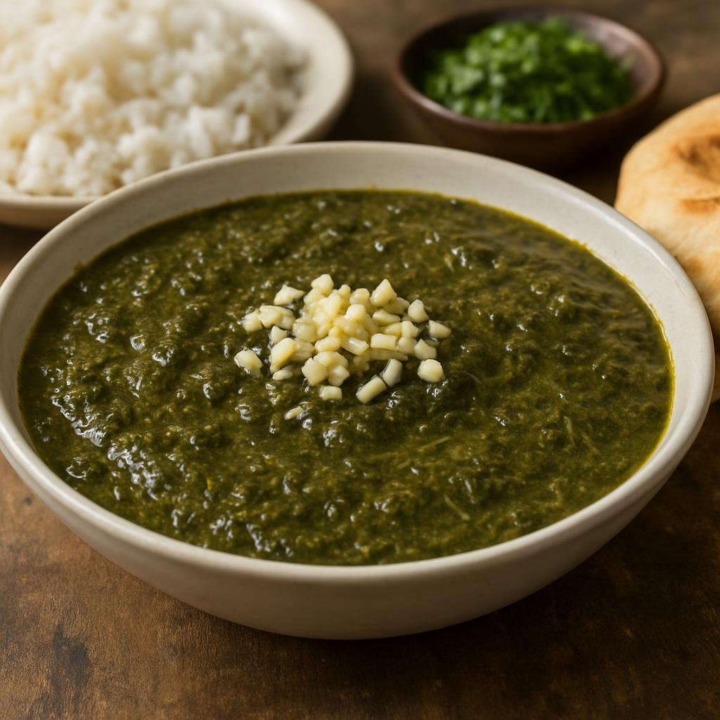 Entree: Egypt – Alexandria & Mediterranean – ملوخية ➤ Mulukhiyya (Thick green stew made from finely chopped jute leaves cooked with garlic and broth, traditionally served with rice or bread) recipe