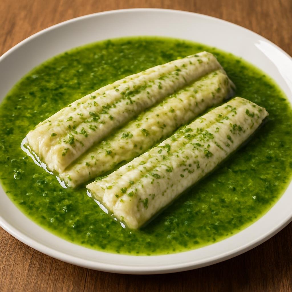 Entree: Belgium – Belgian Coast – Eel in the Green (Poached freshwater eel served in a bright, herb-forward green sauce traditional to the Belgian coast) recipe