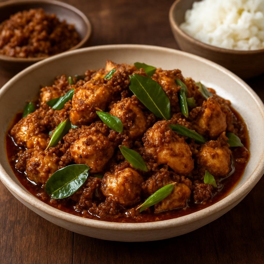 Entree: Cambodia – Central Culinary Region – ចា ក្រឿង សាច់មាន់ ➤ Cha Kroeung Sach Moan (Stir-fried chicken with Khmer kroeung herb-curry paste and aromatics) recipe