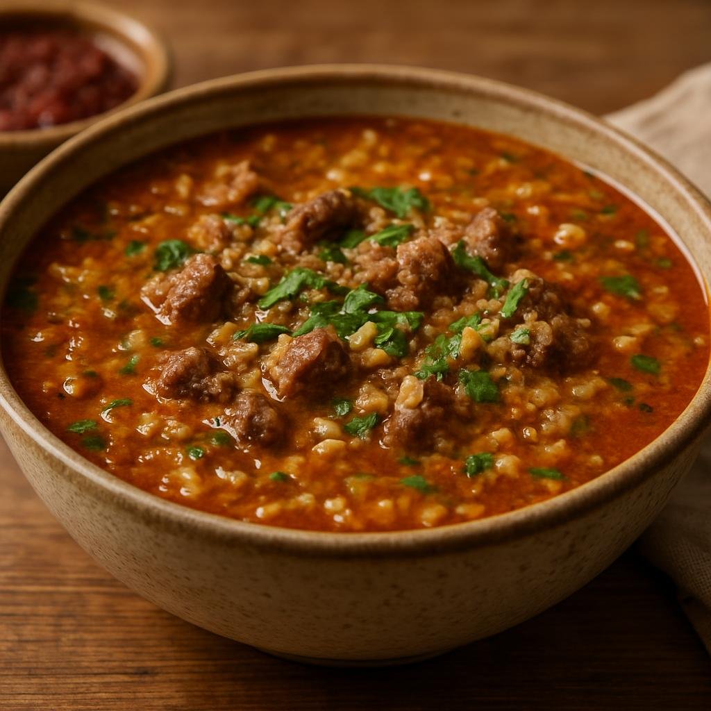 Entree: Georgia – Adjara – ხარჩო ➤ Kharcho (Hearty Georgian beef and rice soup enriched with ground walnuts, herbs, and sour plum seasoning) recipe
