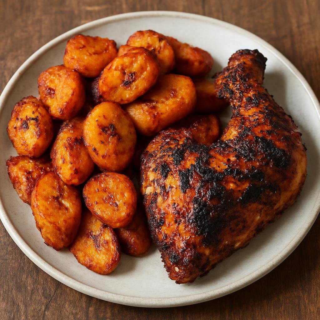 Entree: Ghana – Accra & Coastal Ghana – Kelewele with Grilled Chicken (Spicy Ghanaian fried ripe plantains seasoned with ginger and chilies served with charcoal-grilled seasoned chicken) recipe