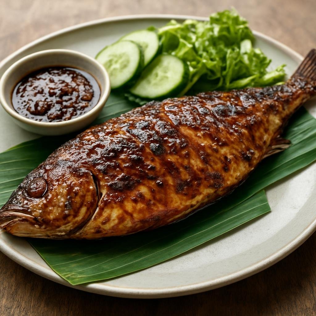 Entree: Netherlands – Dutch Indonesian Rijsttafel – Ikan Bakar (Grilled marinated whole fish brushed with a spiced sweet-salty glaze) recipe