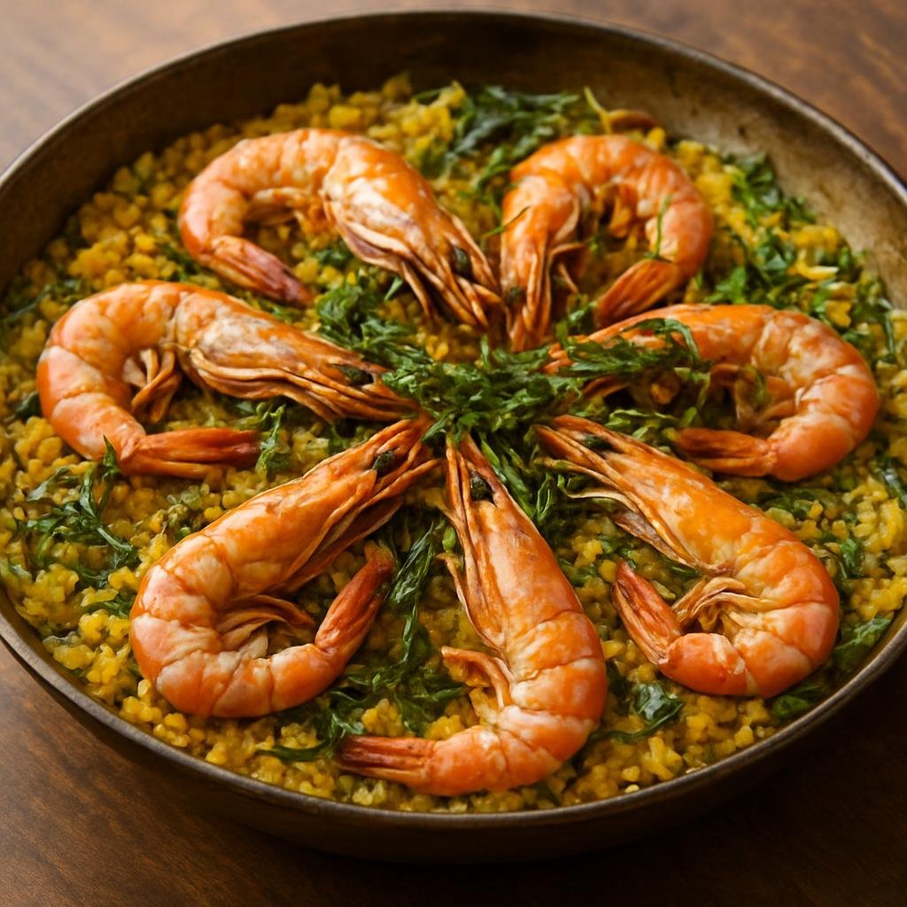 Entree: Antarctica – Central Culinary Region – Glacial Shrimp Paella (A saffron-scented rice and seafood paella featuring cold-water shrimp and coastal sea herbs) recipe