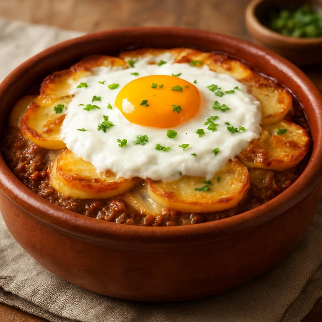 Entree: Bulgaria – Central Culinary Region – Шопска мусака ➤ Shopska musaka (Traditional Bulgarian baked casserole of layered potatoes and minced meat topped with yogurt and egg) recipe