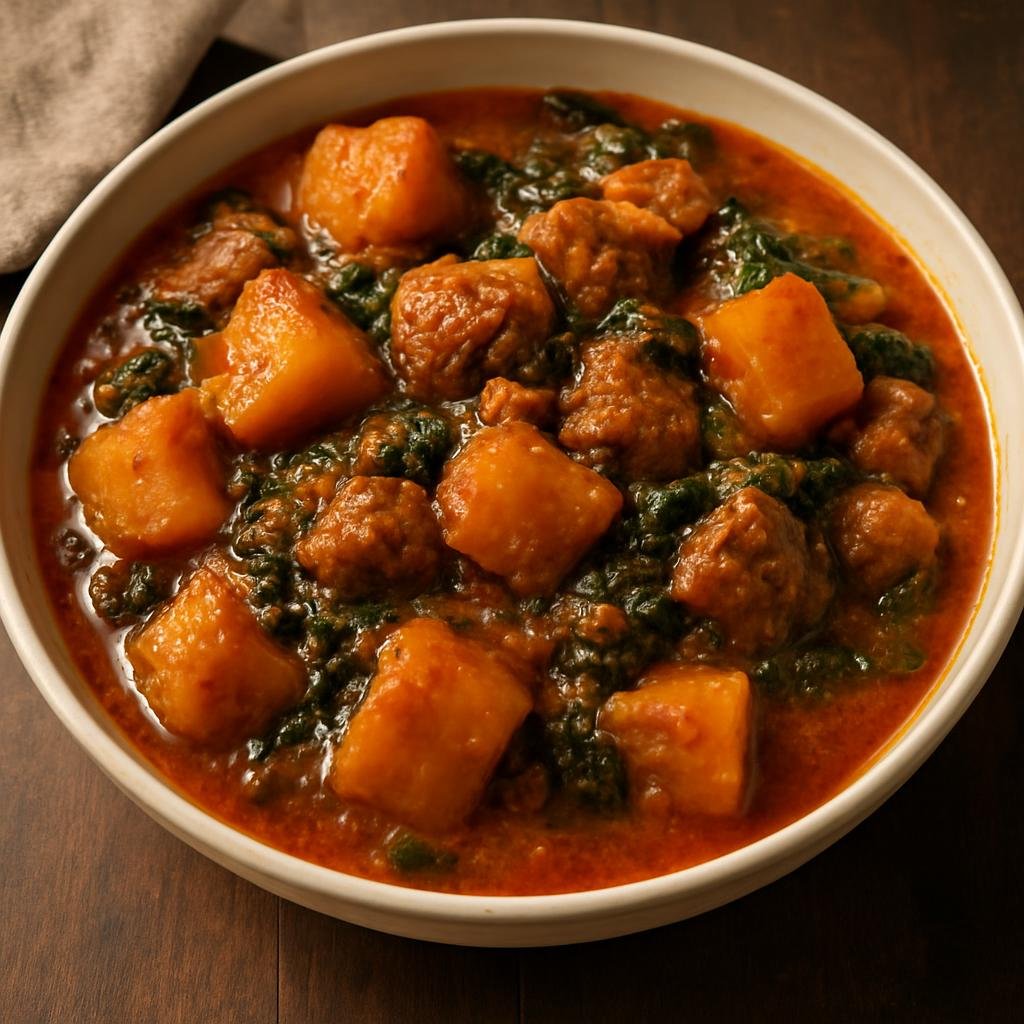 Entree: Burkina Faso – Central Culinary Region – Ragout d'Igname (A hearty yam stew simmered in a tomato-and-spice sauce with meat and leafy greens) recipe