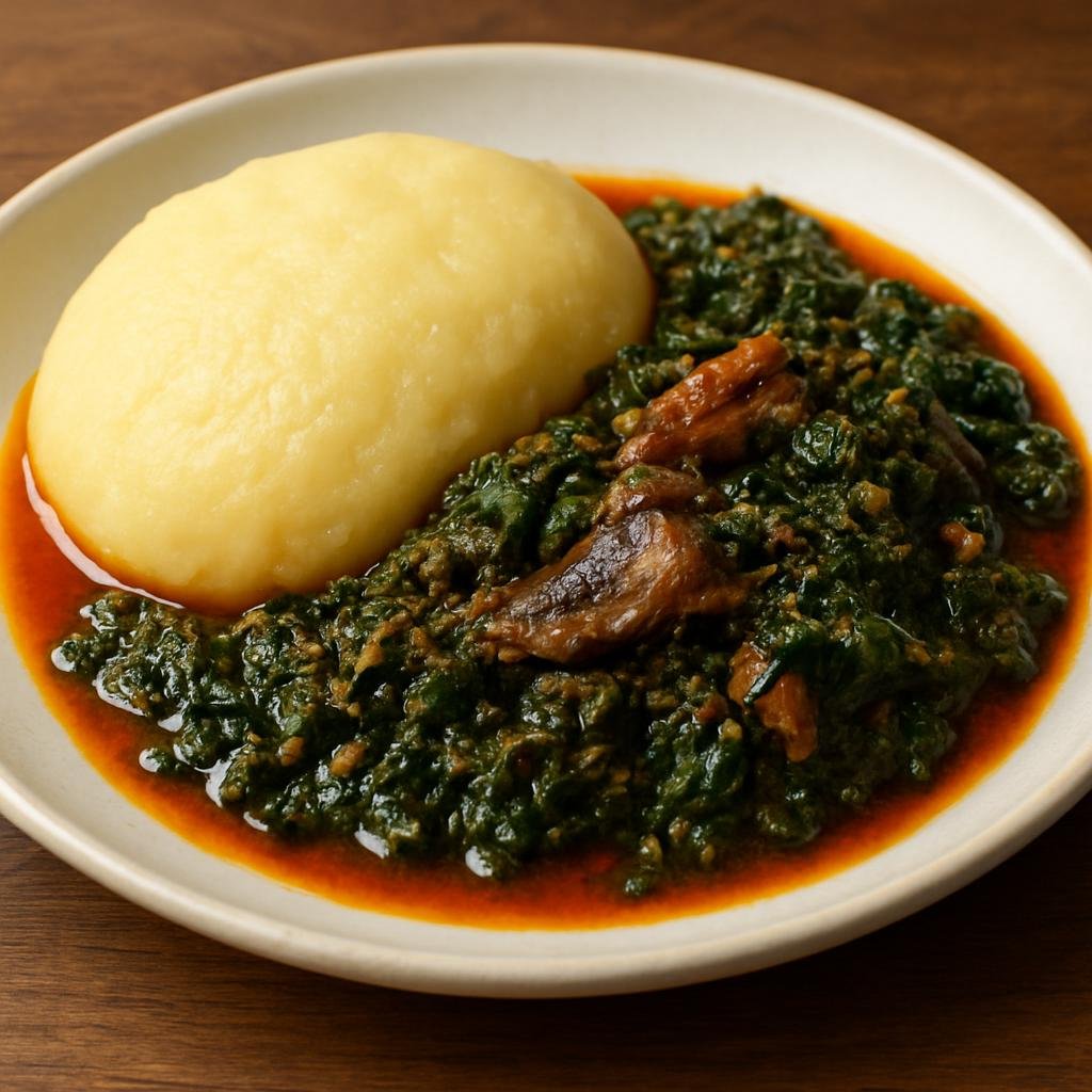 Entree: Cameroon – Central Culinary Region – Fufu Corn and Njama Njama (Corn-based fufu served with a bitterleaf vegetable stew enriched with palm oil and smoked fish) recipe