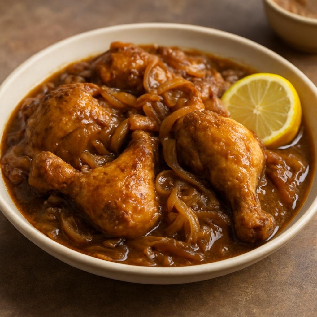 Entree: Democratic Republic of the Congo – Central Culinary Region – Ngulu Yassa (Marinated and stewed chicken in a tangy onion–lemon sauce, Central Congolese style) recipe