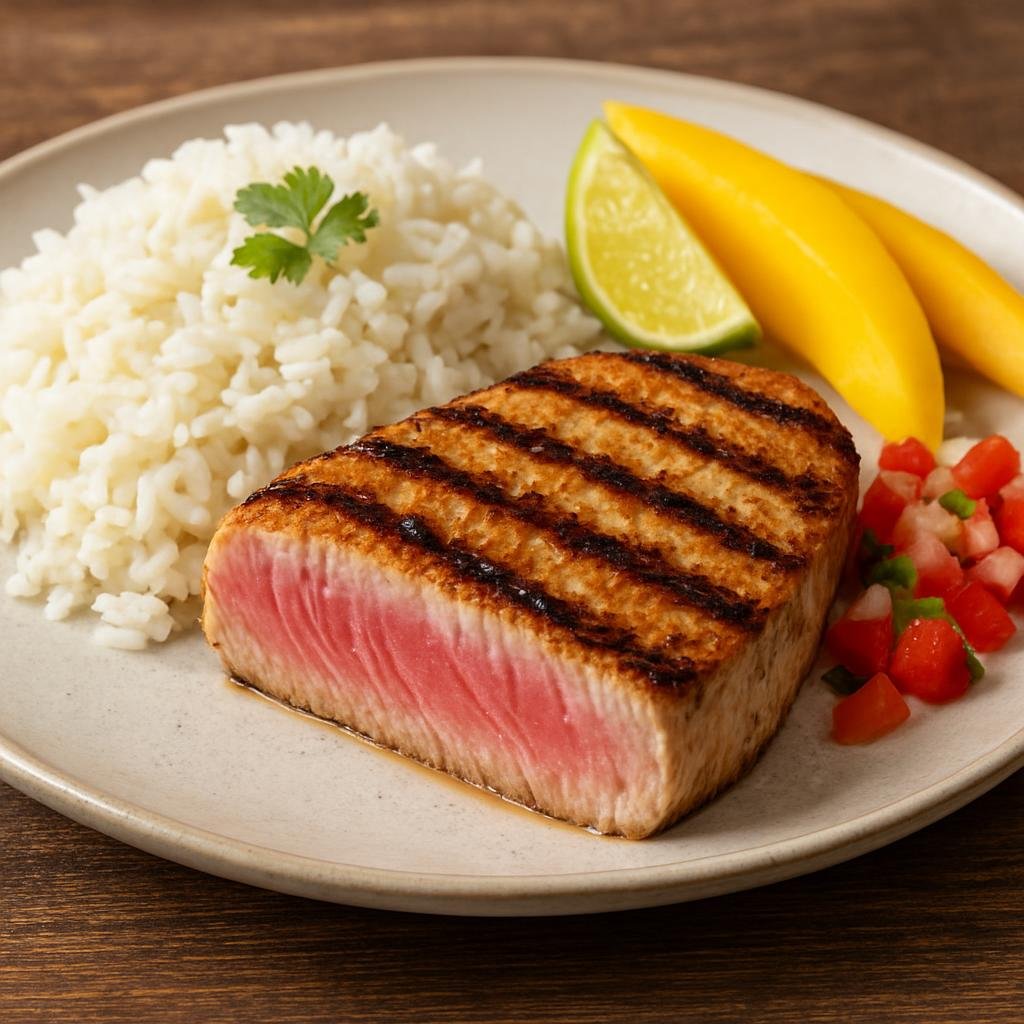 Entree: French Polynesia – Central Culinary Region – Grilled Tuna with Coconut Rice (Grilled or seared tuna steaks served with fragrant coconut-scented rice and tropical accompaniments) recipe