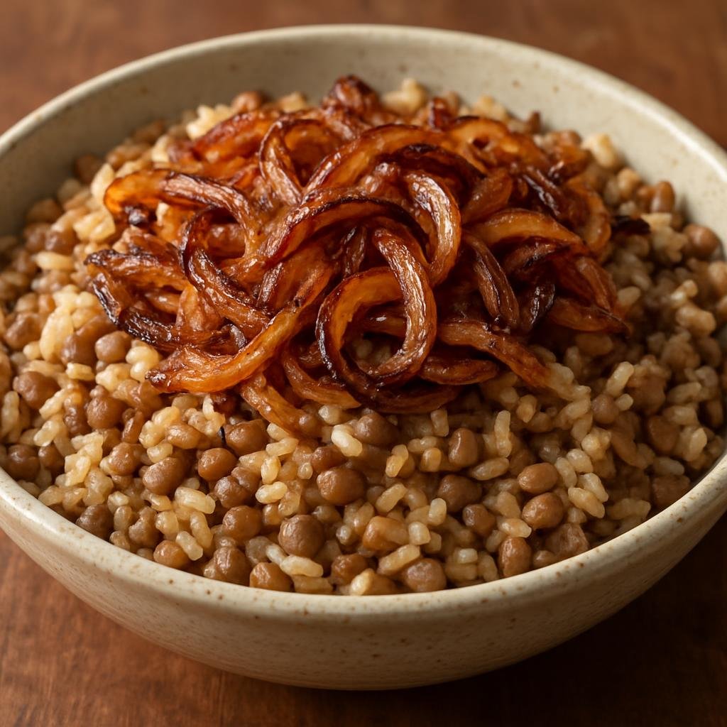 Entree: Lebanon – Beirut & Coastal Lebanon – مجدّرة ➤ Mujaddara (A hearty dish of lentils and rice crowned with deeply caramelized onions) recipe