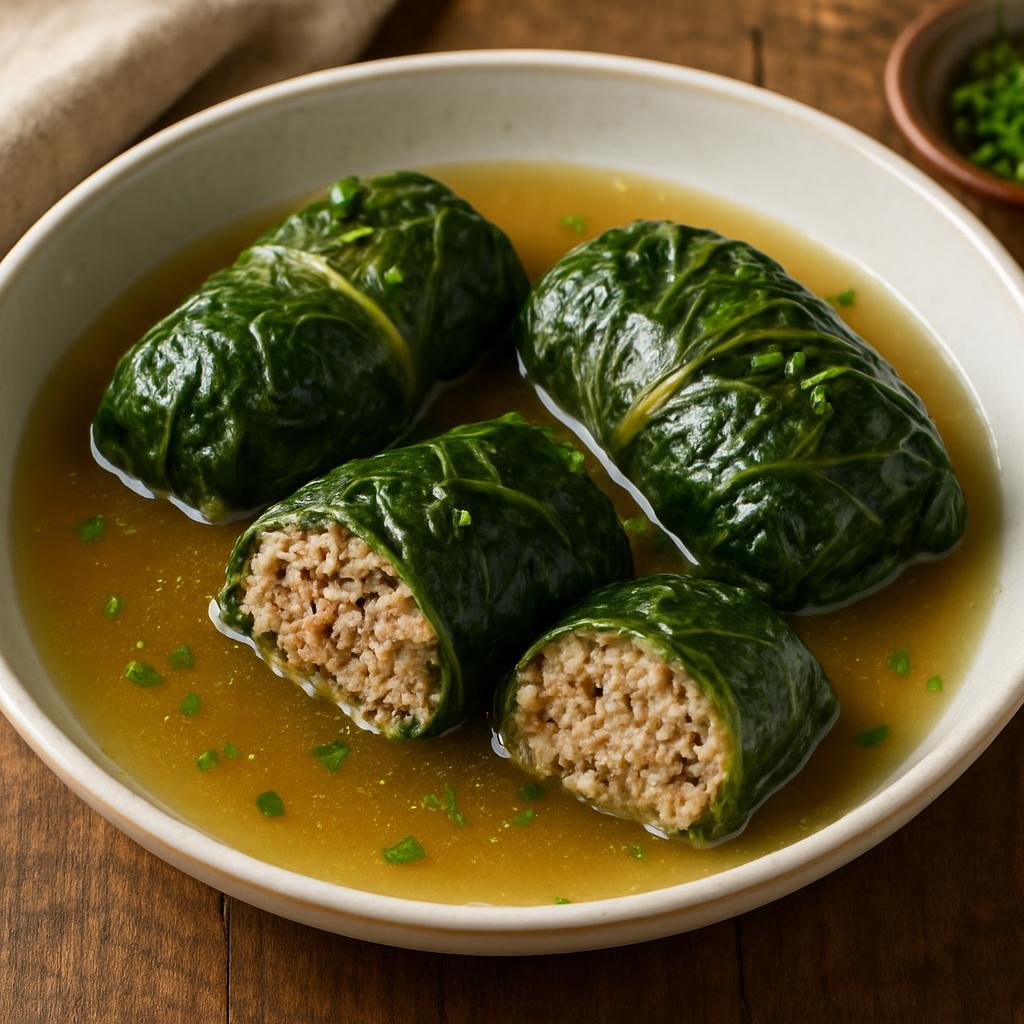 Entree: Switzerland – Alpine Switzerland – Capuns (Swiss chard–wrapped dumplings of spiced meat and batter cooked gently in broth) recipe