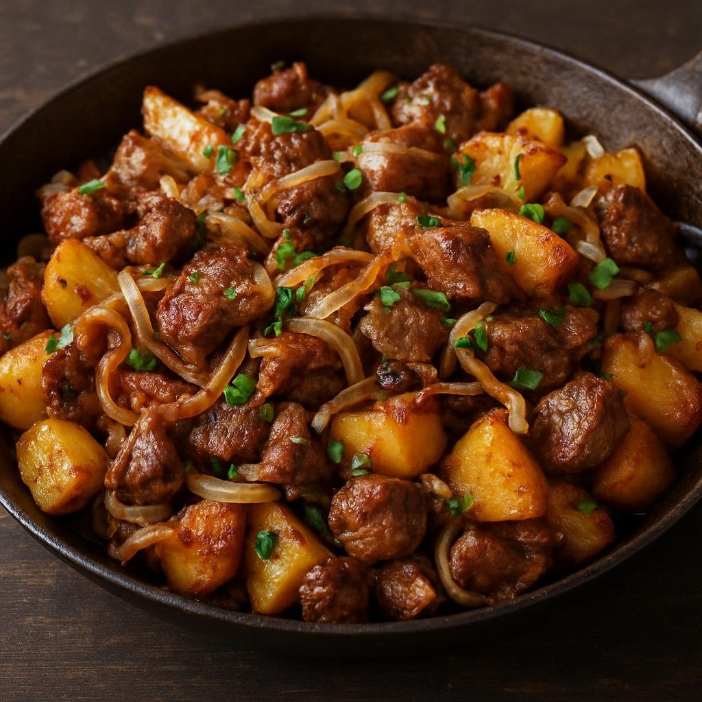 Entree: Kyrgyzstan – National Cuisine – Куурдак ➤ Kuurdak (Pan-fried lamb or mutton with onions and potatoes, a hearty Kyrgyz skillet dish) recipe