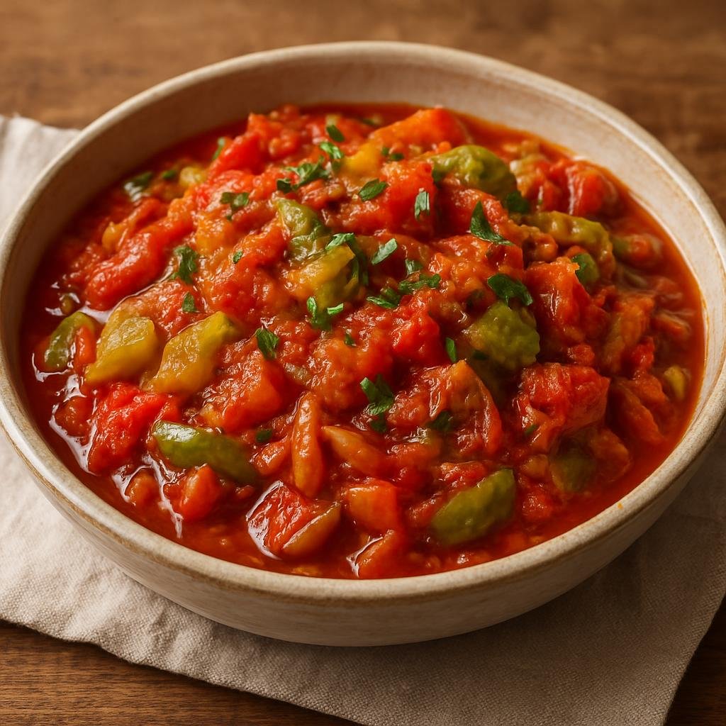 Entree: Montenegro – National Cuisine – Satarash (Rustic Balkan summer vegetable stew of peppers, tomatoes, and onions) recipe