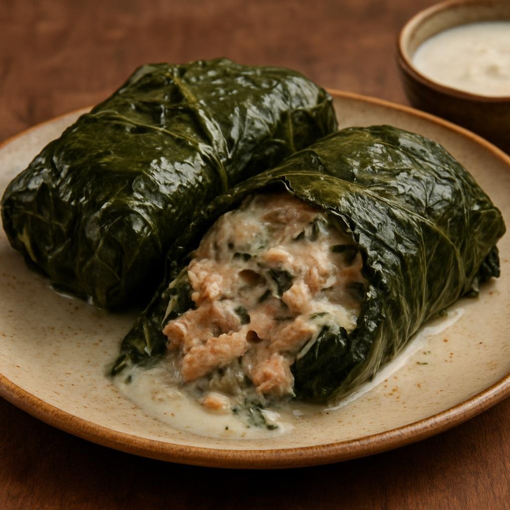 Entree: Papua New Guinea – National Cuisine – Palusami (Taro leaves filled with coconut cream and seasoned protein, wrapped and cooked until soft) recipe