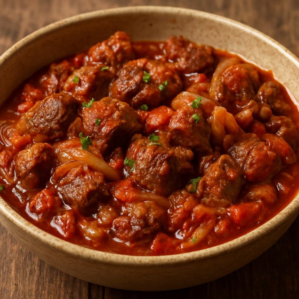 Entree: Turkmenistan – National Cuisine – Kovurma (Traditional Turkmen braised lamb stew with onions and tomato, slow-cooked until tender) recipe