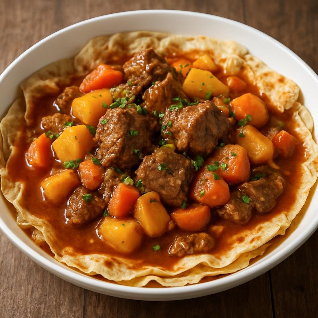 Entree: United Arab Emirates – National Cuisine – ثريد ➤ Tharīd (A hearty Gulf stew of braised meat and vegetables poured over pieces of thin flatbread so the bread soaks up the broth) recipe