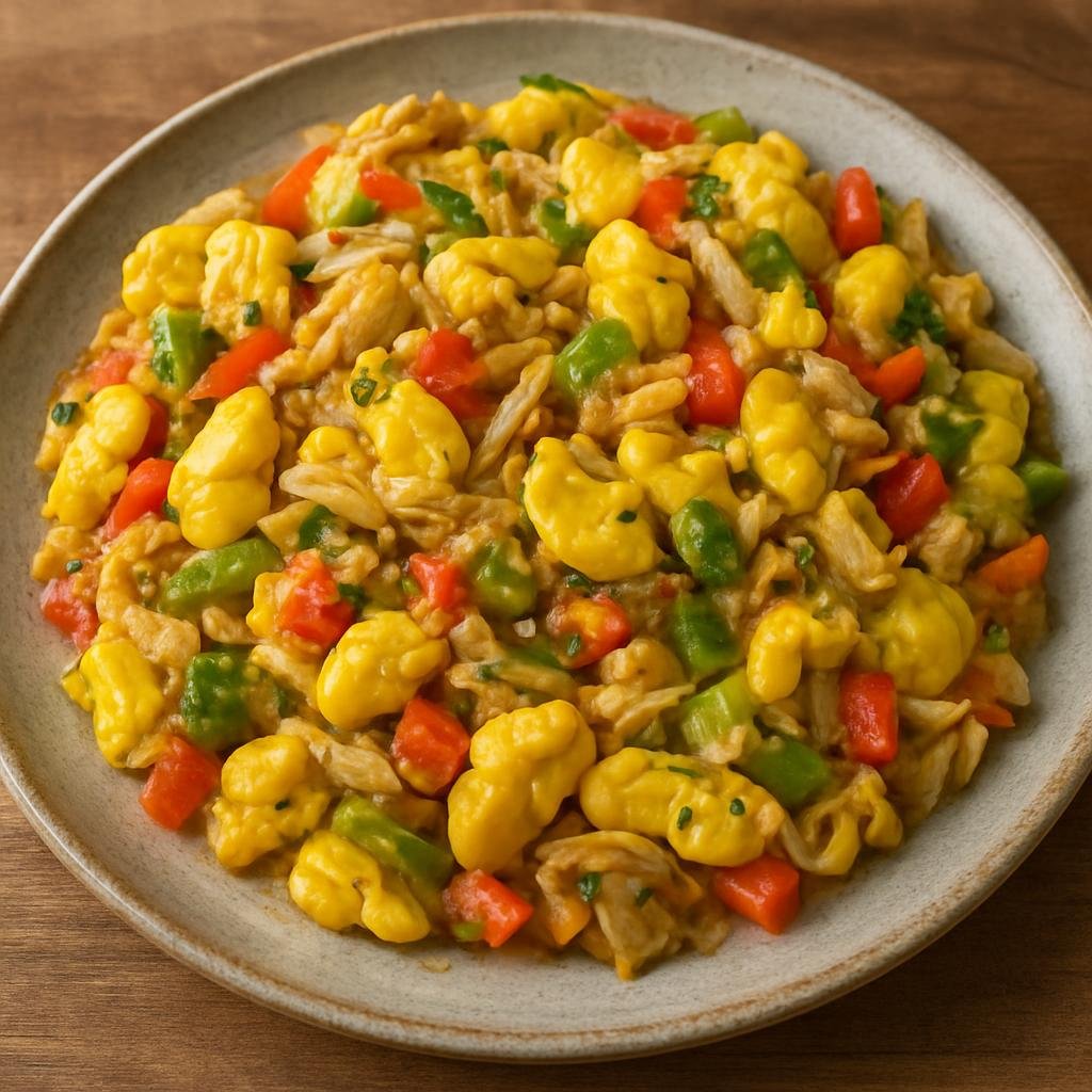 Entree: Cayman Islands – Ackee and Saltfish (Salted cod sautéed with ackee fruit, onions, tomatoes and peppers to make a savory Caribbean main dish) recipe