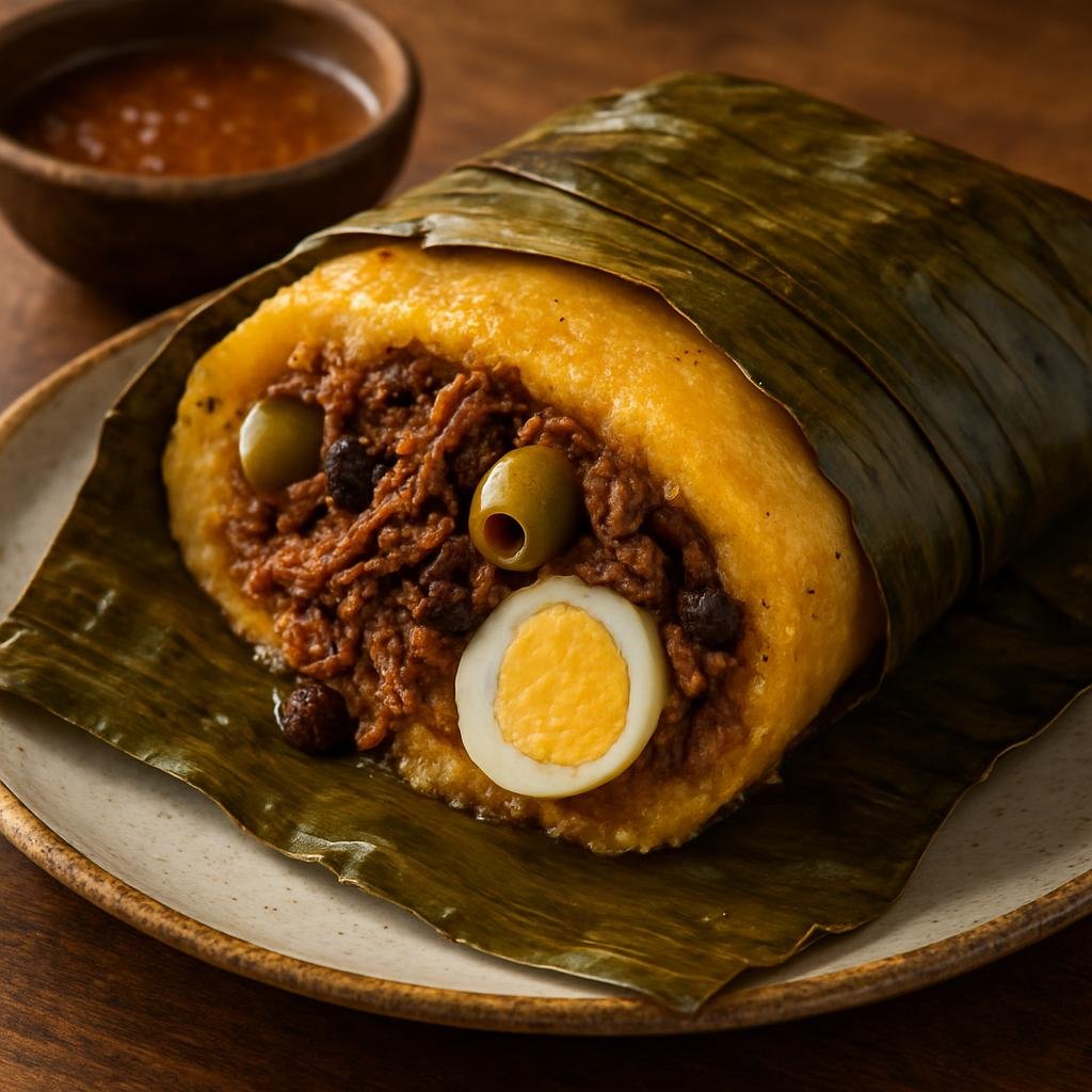 Entree: Curacao – Central Culinary Region – Ayaka (Banana-leaf–wrapped cornmeal tamal filled with spiced shredded beef, olives, raisins, and boiled egg) recipe