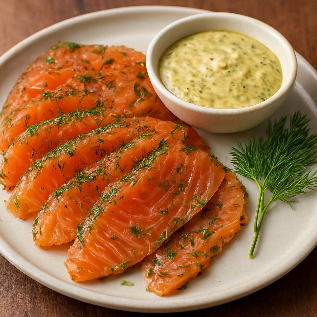 Entree: Åland Islands – Gravad Lax (Salt- and sugar-cured salmon flavored with dill and spirits, thinly sliced and served with a mustard-dill sauce) recipe