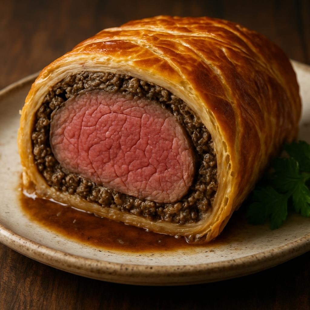 Entree: Jersey – Jersey Beef Wellington (Beef tenderloin coated with mushroom duxelles and pâté, wrapped in puff pastry and baked) recipe