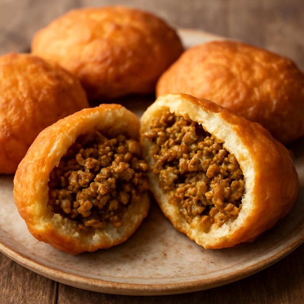 Entree: Namibia – Vetkoek (Deep-fried yeast bread dough split and commonly filled with savory curried minced meat or sweet fillings) recipe