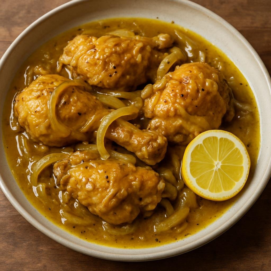 Entree: Niger – Yassa Chicken (Chicken marinated and slowly braised in a tangy onion, lemon, and mustard sauce) recipe
