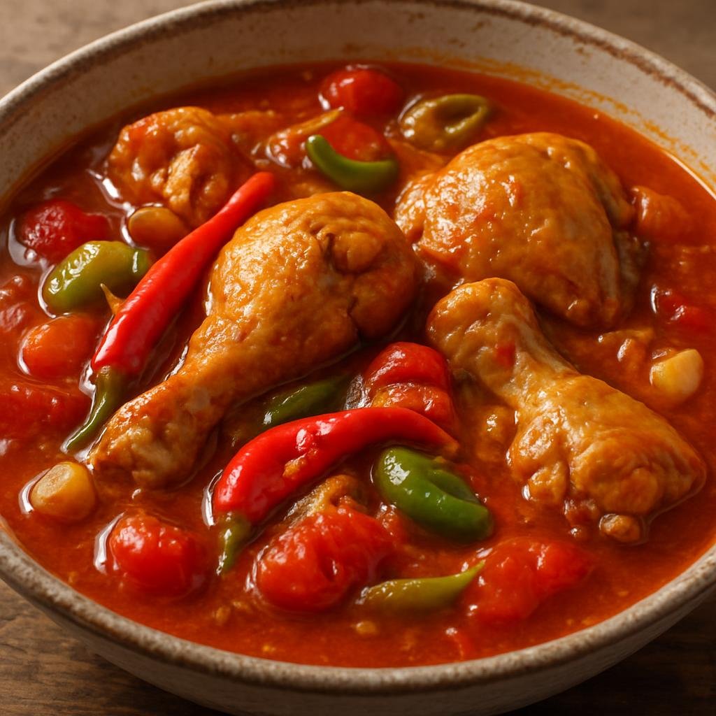 Entree: Northern Mariana Islands – Kadun Pika (Spicy Chamorro stew of chicken simmered in tangy vinegar, tomatoes, garlic, and hot peppers) recipe