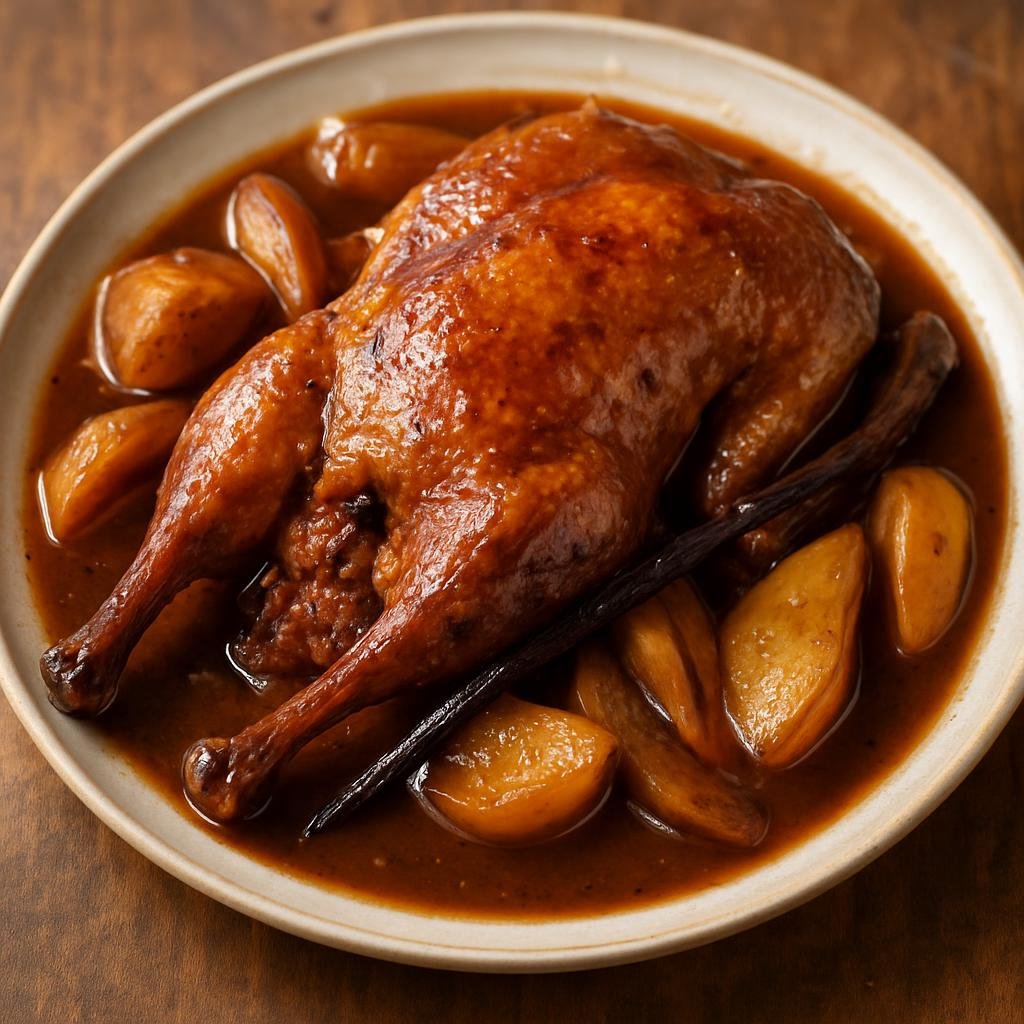 Entree: Réunion – Canard à la Vanille (Roast or braised duck in a sweet-savory sauce flavored with vanilla from Réunion) recipe