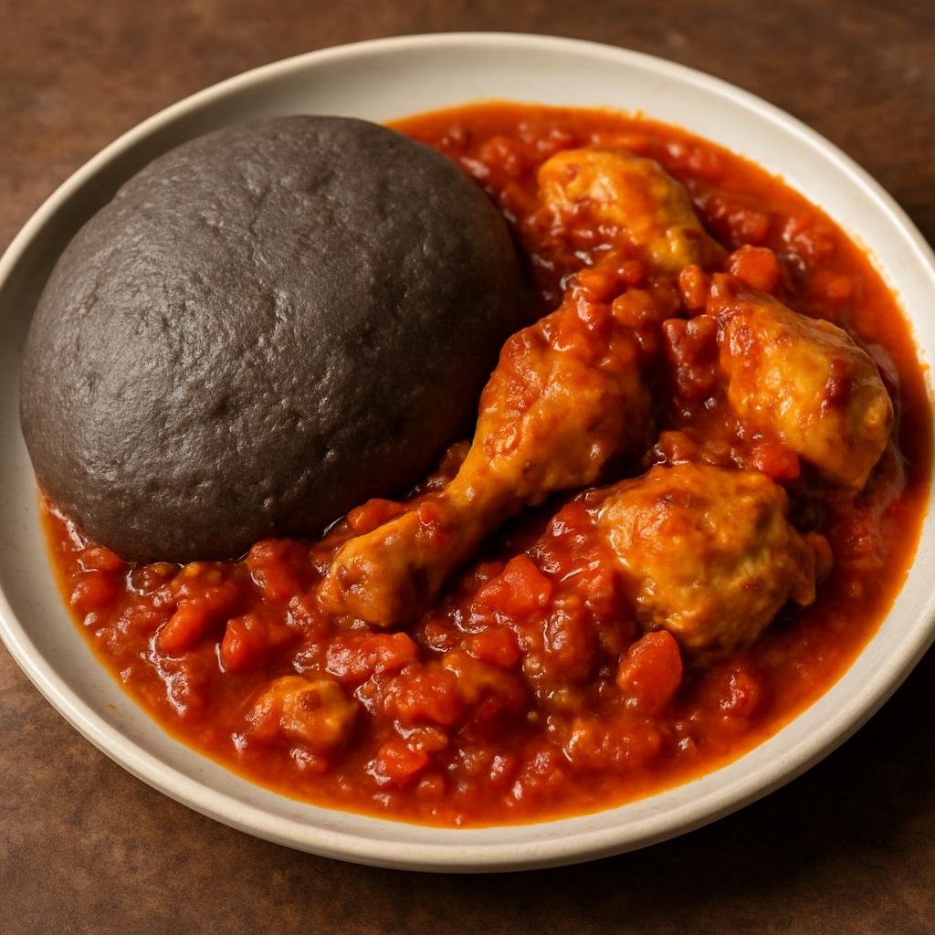 Entree: Togo – Pâte Noir (Firm dark millet-and-sorghum dough staple served with a palm-oil tomato and chicken stew) recipe