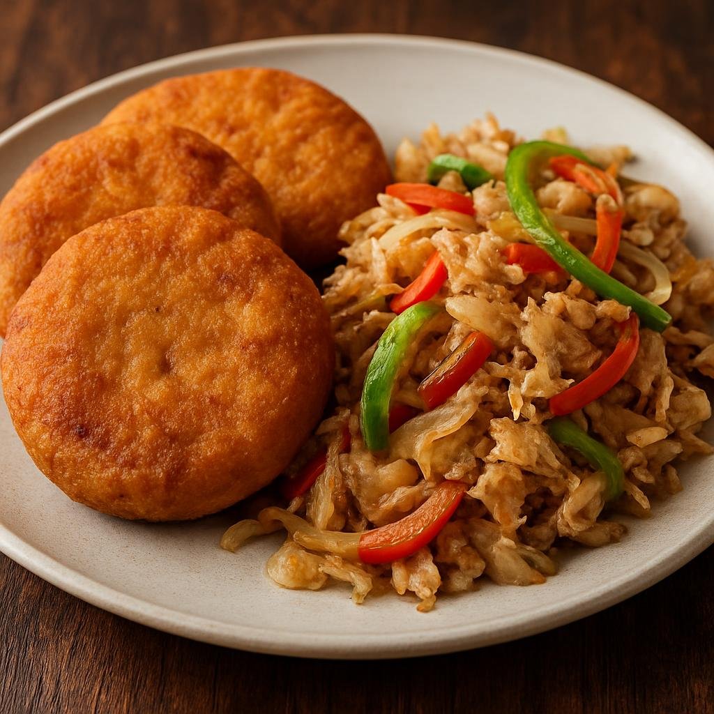Entree: Virgin Islands, British – Johnny Cake and Saltfish (Fried cornmeal and flour cakes served with savory salted cod sautéed with peppers and onions) recipe