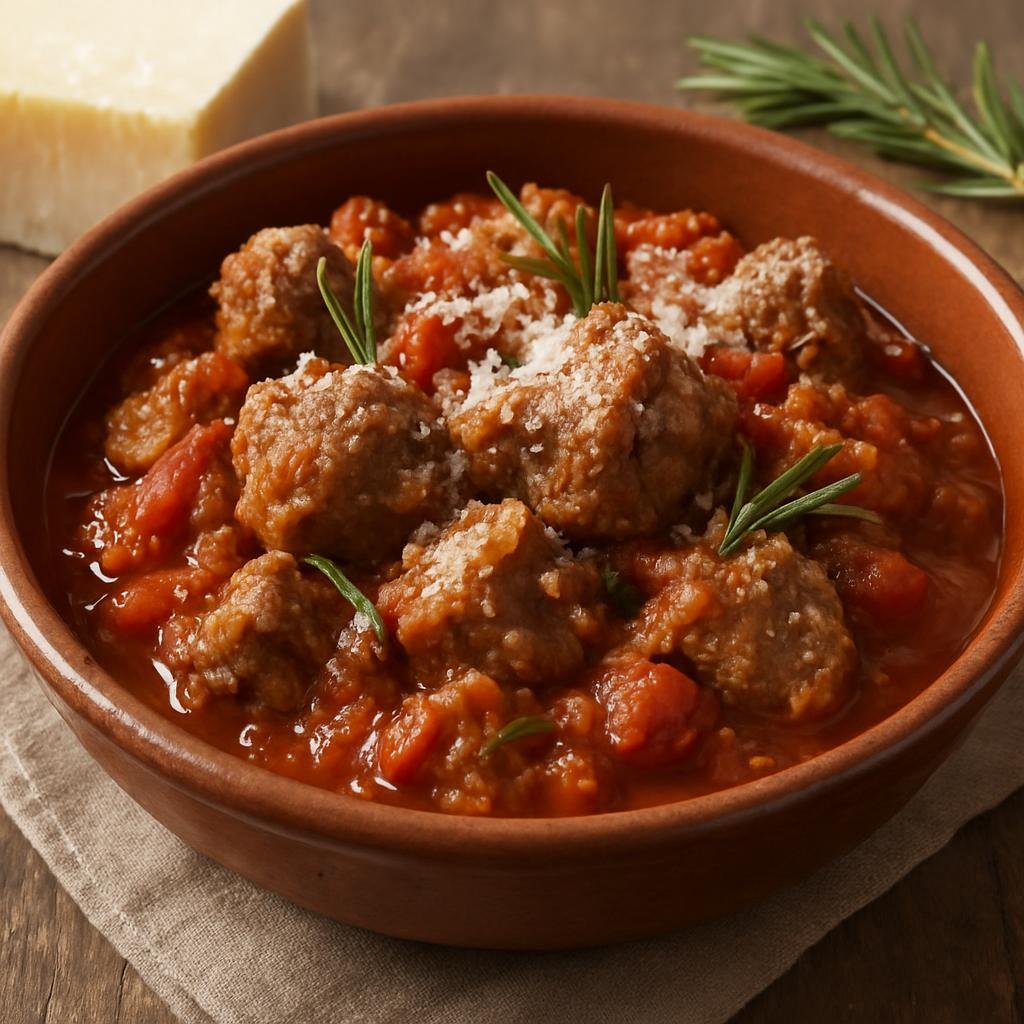Entree: Italy – Abruzzo – Cif e Ciaf (Rustic Abruzzese braised lamb stew with tomatoes, rosemary, and Pecorino) recipe
