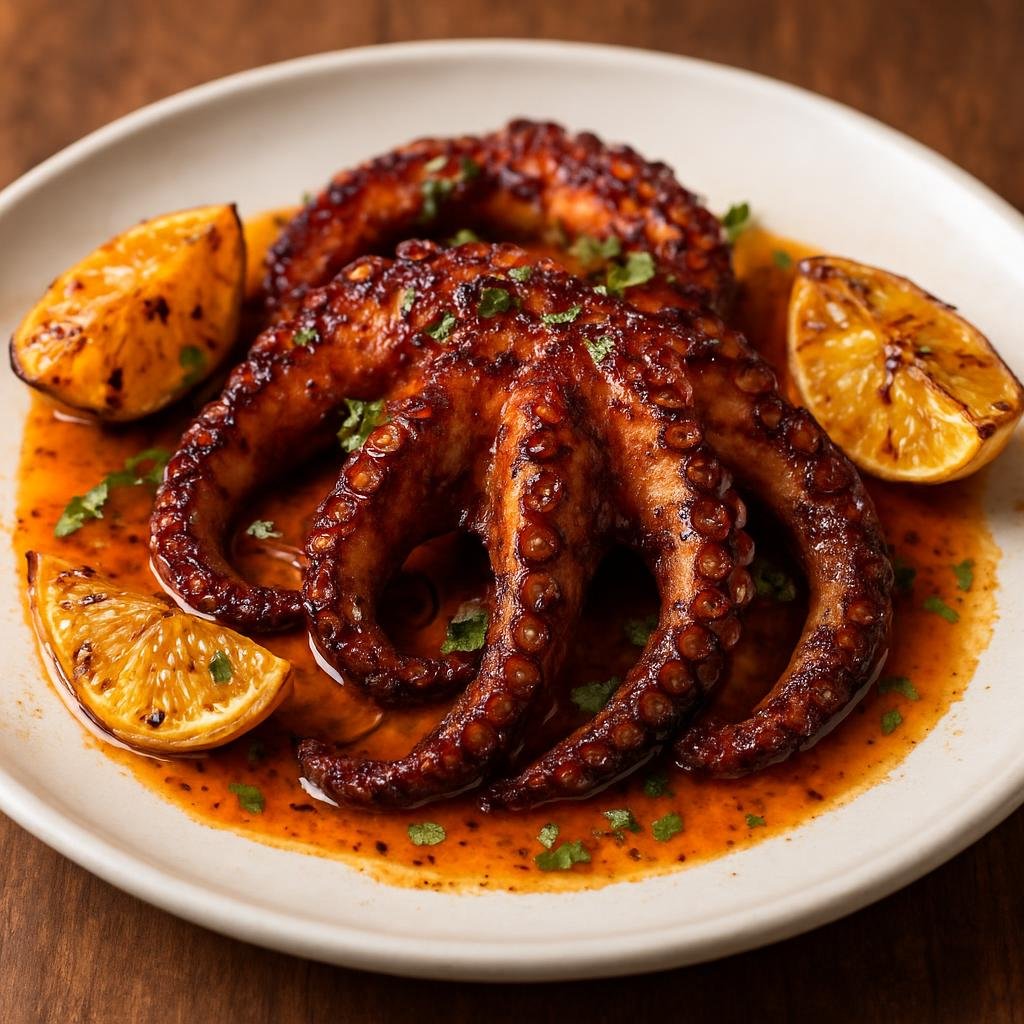 Entree: Mexico – Baja California – Pulpo a la Parrilla (Tender octopus simmered then char-grilled and served with citrus-chile flavors typical of Baja California) recipe