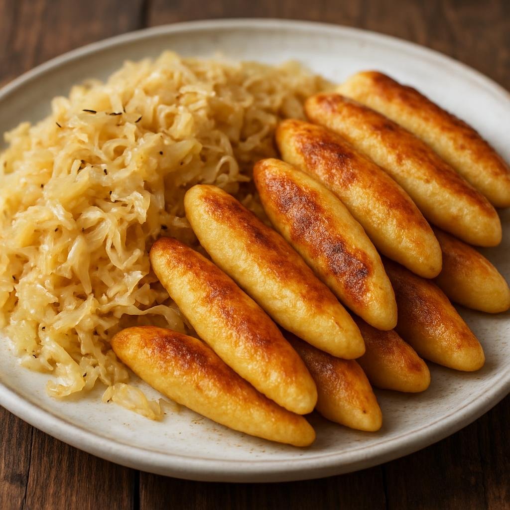 Entree: Germany – Baden – Schupfnudeln mit Sauerkraut (Finger-shaped potato dumplings pan-fried until golden and served with braised sauerkraut) recipe