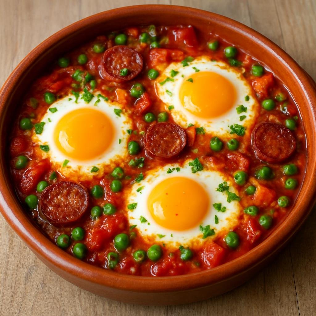 Entree: Spain – Andalusia – Huevos a la Flamenca (Baked eggs with tomatoes, peppers, chorizo and peas) recipe