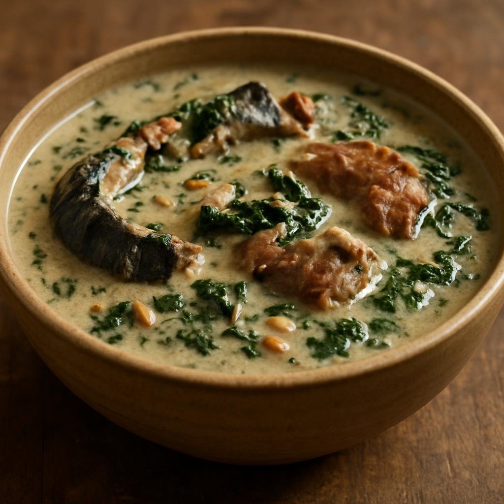Entree: Nigeria – Calabar / Efik-Ibibio – Nsala Soup (White catfish and meat soup thickened with pounded yam and flavored with local seeds and utazi leaves) recipe