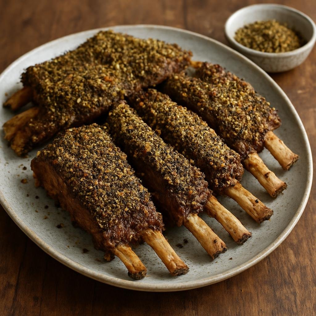 Entree: Australia – Australian Indigenous & Bush Foods – Saltbush Lamb Ribs (Slow-roasted lamb ribs crusted with native saltbush and Australian bush spices) recipe