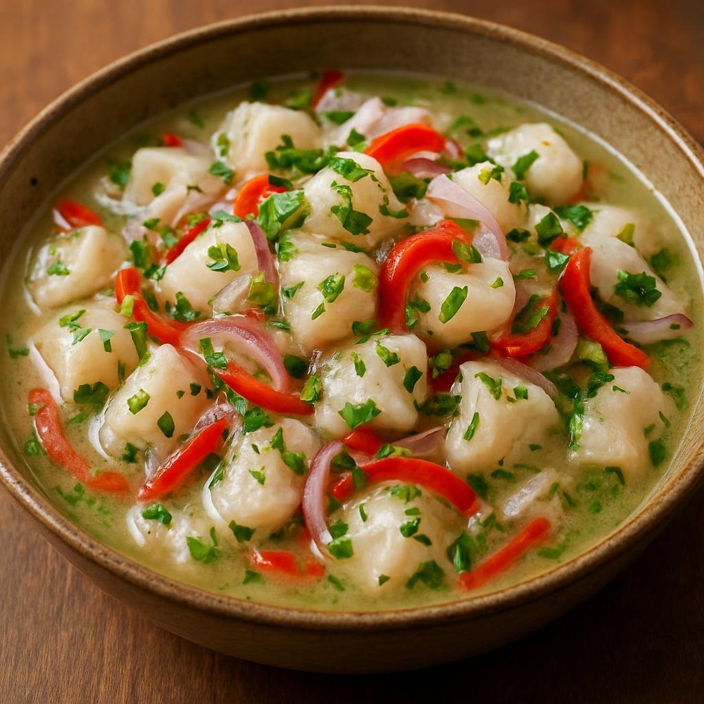Entree: Colombia – Amazonian Colombia – Ceviche de Pirarucú (Marinated raw Amazonian arapaima in citrus juice with peppers and herbs) recipe