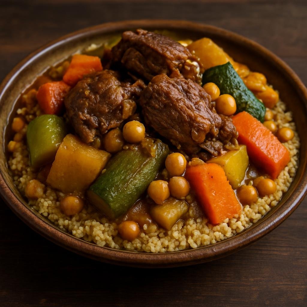 Entree: Morocco – Atlas Mountains – كسكس أمازيغي ➤ Kuskus Amazighi (Steamed semolina couscous served with slow-simmered lamb, chickpeas, and mountain vegetables in Berber style) recipe
