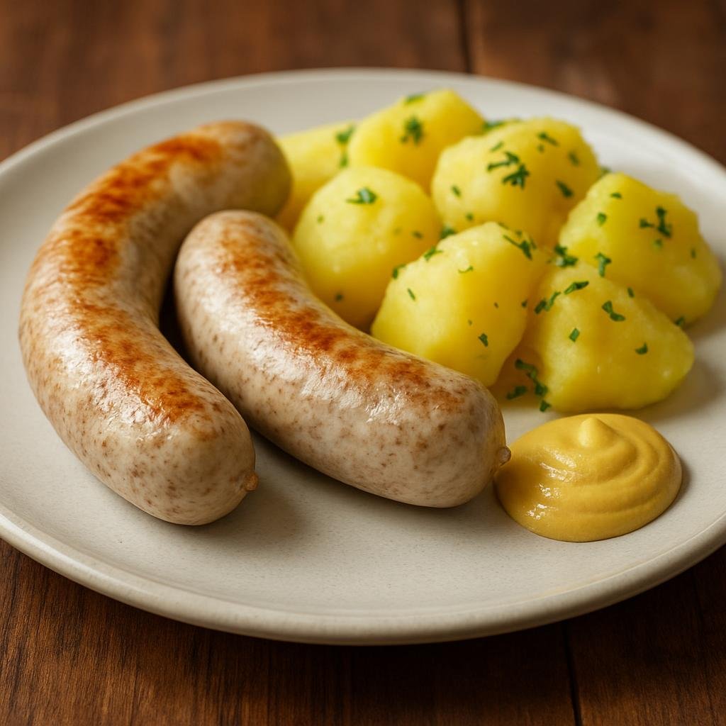 Entree: Poland – Greater Poland – Kiełbasa Biała (Fresh white Polish pork sausage traditionally poached and lightly browned, served with potatoes and mustard) recipe