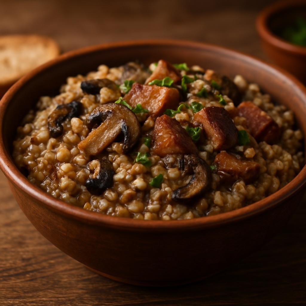 Entree: Ukraine – Carpathian Ukraine – Гуцульська каша ➤ Hutsulska kasha (Hearty Carpathian mixed-grain porridge cooked with mushrooms and smoked pork) recipe