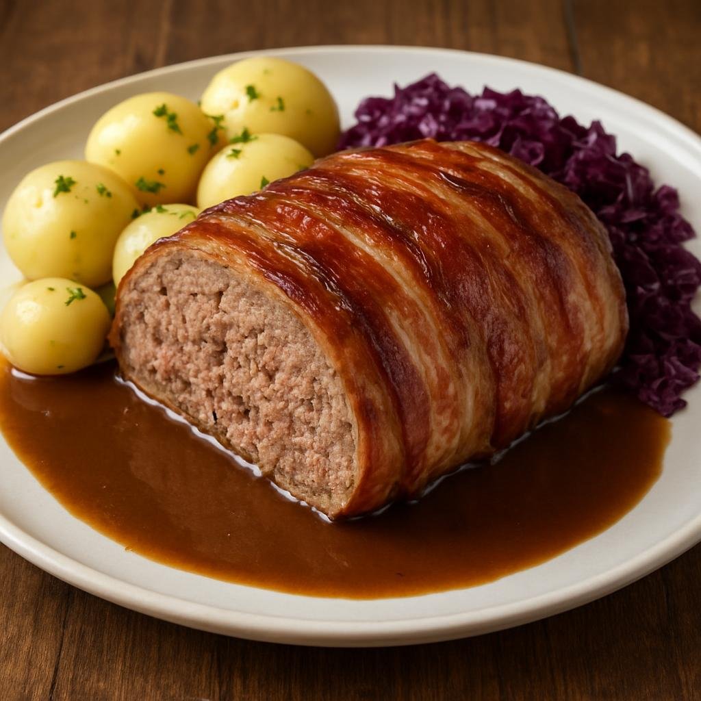 Entree: Denmark – Bornholm – Forloren Hare (A baked Danish meatloaf prepared and served like a roast, traditionally topped with bacon and served with brown gravy) recipe