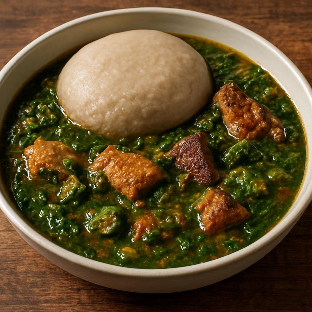 Entree: Ghana – Accra & Coastal Ghana – Tuo Zaafi (Thick Ghanaian maize-and-millet dough served with a green jute-leaf and okra stew with protein) recipe