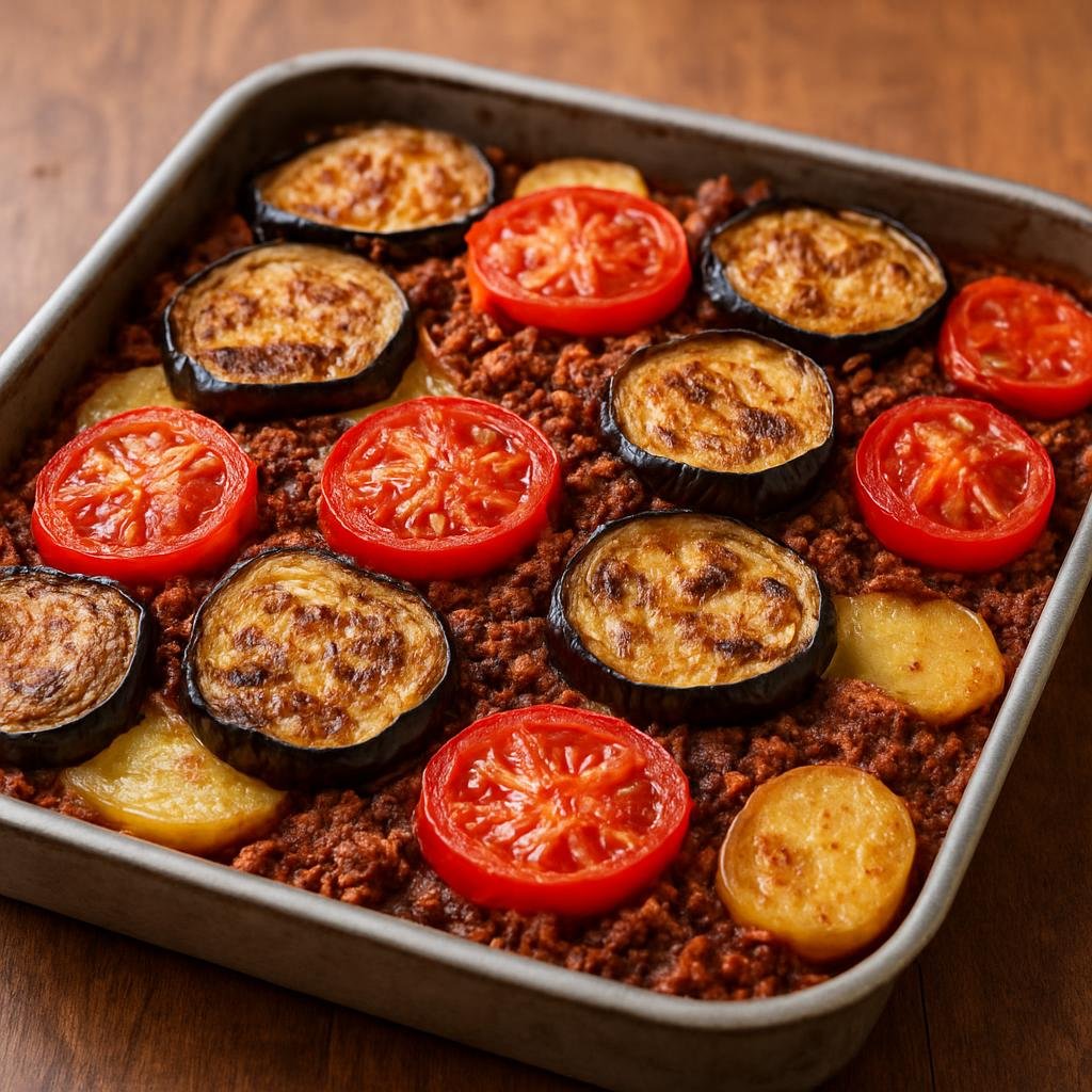 Entree: Iraq – Baghdad & Central Iraq – تبسي باذنجان ➤ Tepsi Baytinijan (Baked layered eggplant casserole with tomatoes, potatoes, and spiced ground lamb) recipe
