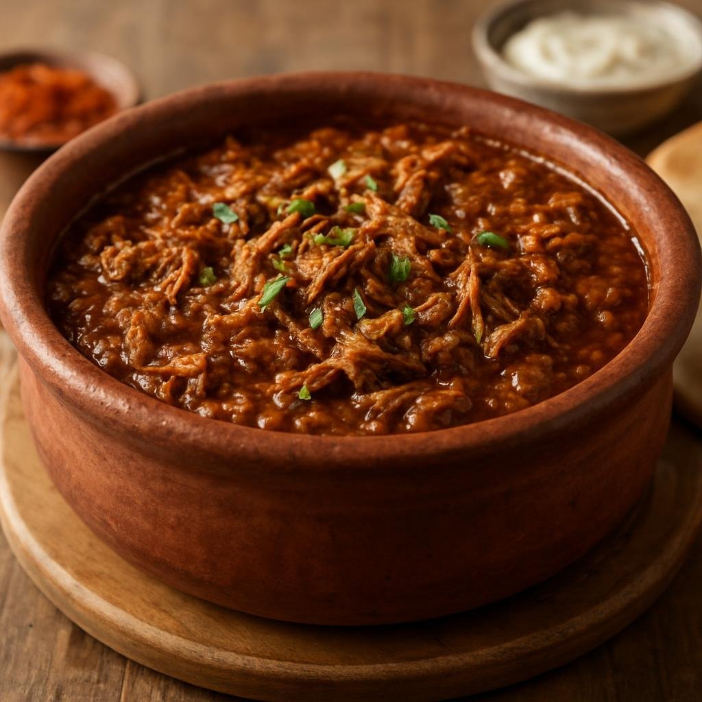 Entree: Saudi Arabia – Asir & Southern Saudi – فحسة ➤ Fahsa (Hearty shredded lamb stew slowly cooked with aromatic spices and fenugreek, traditionally served bubbling in a clay pot) recipe