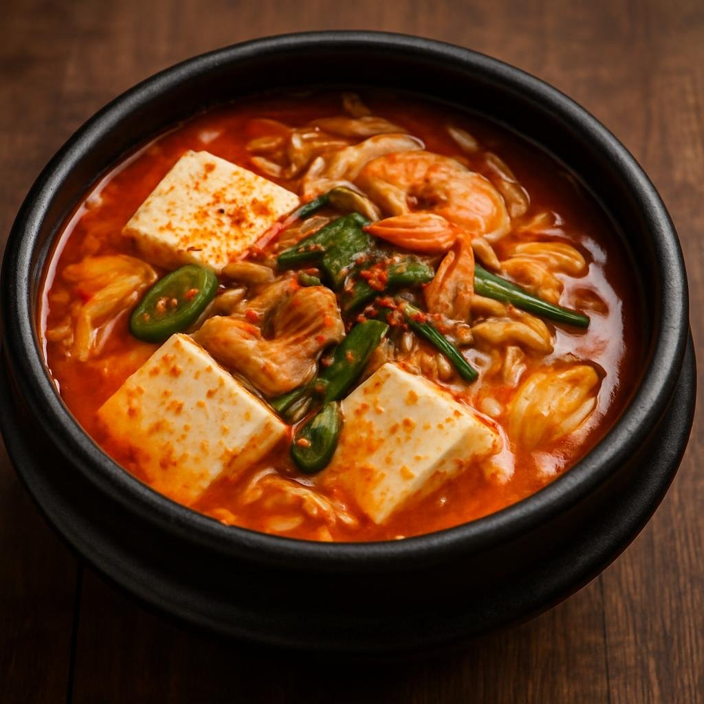 Entree: South Korea – Gangwon – 순두부찌개 ➤ sundubu-jjigae (spicy soft tofu stew simmered with pork, seafood, vegetables, and a seasoned red pepper broth) recipe