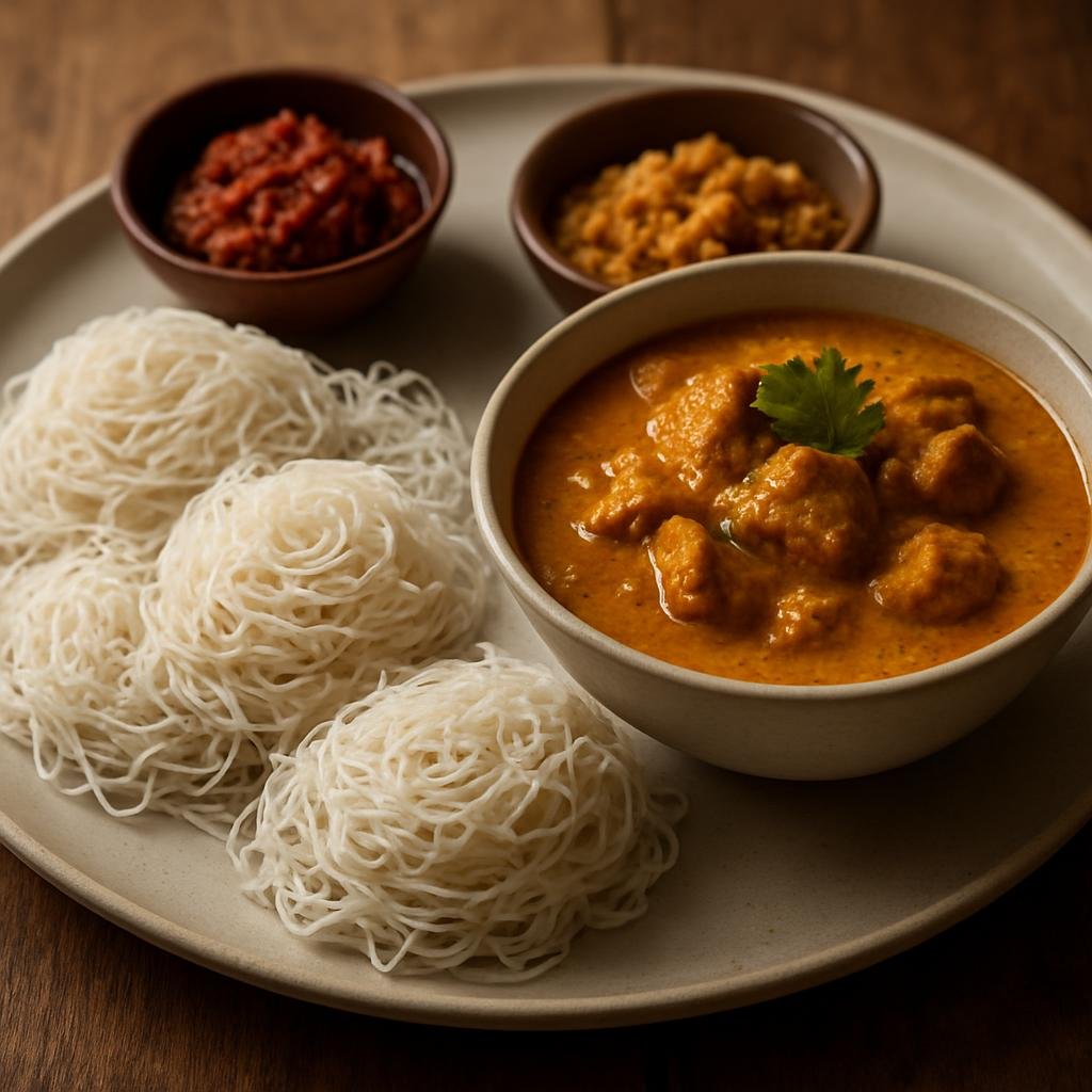 Entree: Sri Lanka – Colombo & Western Sri Lanka – String Hoppers with Curry (steamed rice noodle nests served with a fragrant coconut-based curry and traditional condiments) recipe
