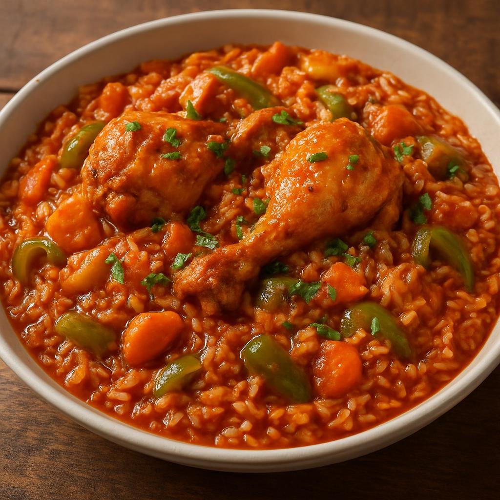 Entree: Cote d'Ivoire – Central Culinary Region – Riz Gras (Hearty West African one-pot rice cooked in a rich tomato and palm-oil sauce with chicken and vegetables) recipe
