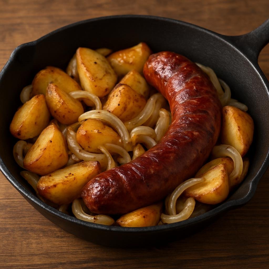 Entree: Switzerland – Alpine Switzerland – Saucisson Vaudois (Smoked pork sausage from the canton of Vaud, typically seared and served with potatoes and onions) recipe