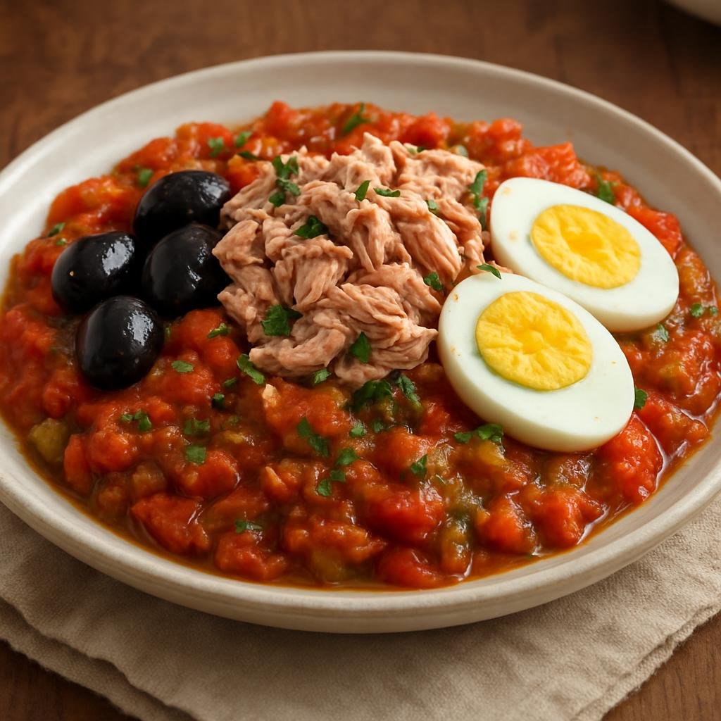 Entree: Tunisia – Djerba – المشوية ➤ al-meshwiya (Charred-roasted pepper and tomato salad traditionally topped with tuna, olives, and hard-boiled eggs) recipe