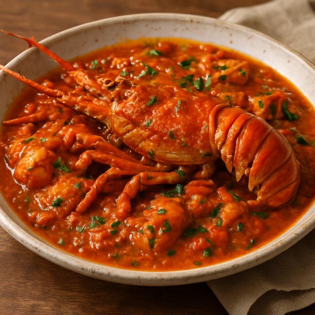 Entree: Martinique – National Cuisine – Langouste à la Créole (Creole-style spiny lobster in a spicy tomato and herb sauce) recipe