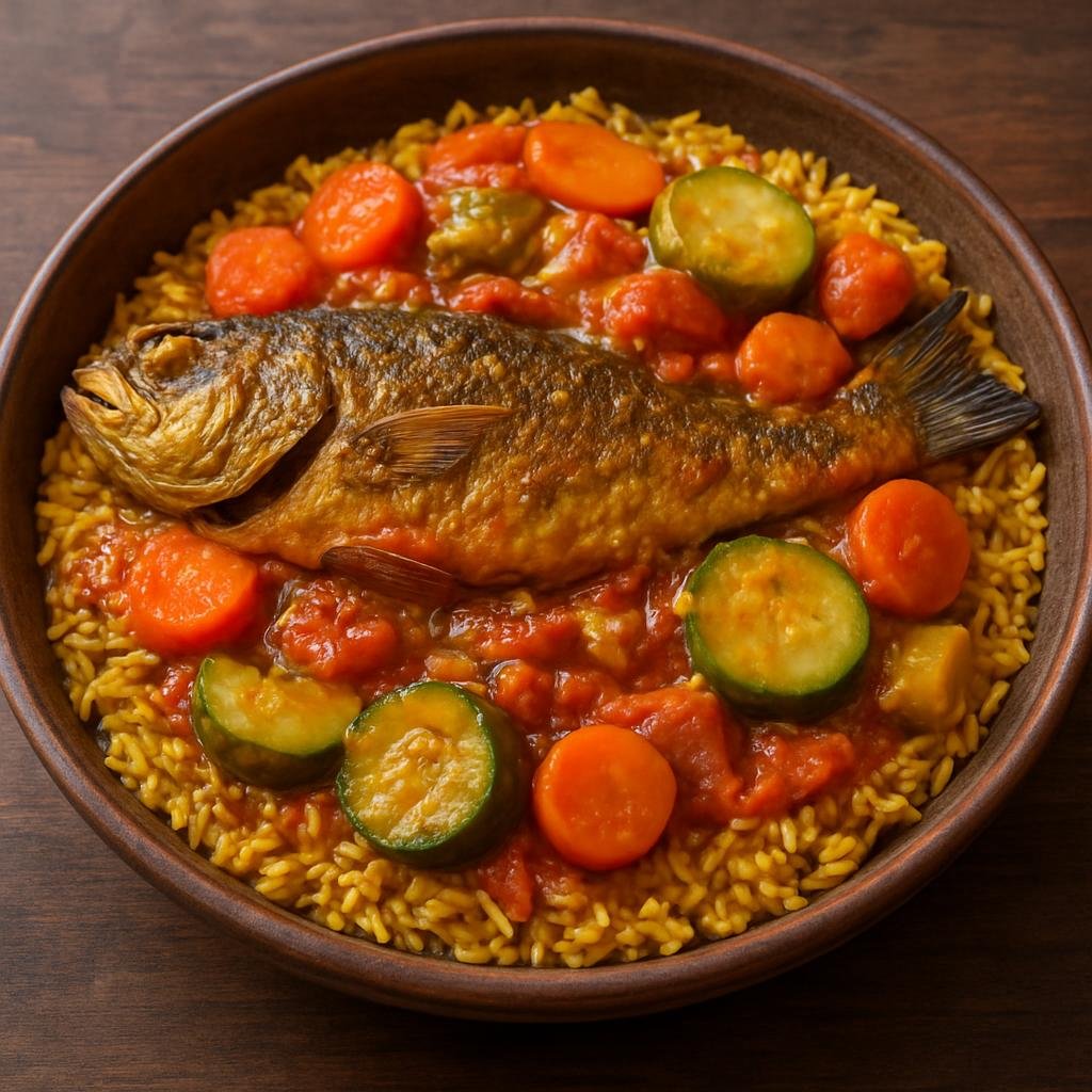 Entree: Mauritania – National Cuisine – Bennachin (One-pot Mauritanian spiced fish and rice cooked with tomatoes and vegetables) recipe